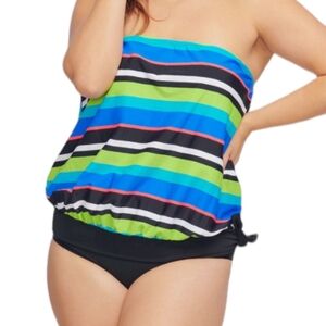 Mazu Swim Plus Size Draped Blouson Tankini Top in Bold Stripe...Size 22W